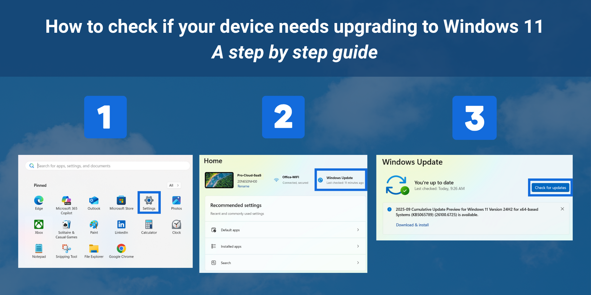 Step by step guide to checking your device for the Windows 11 upgrade. 
Step 1: Go to device settings
Step 2: Go to Update & Security
Step 3: Check for Updates 
Step 4: Download & install